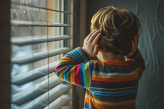 A young child covering their ears while looking out a window, a common behavior seen in children with autism symptoms such as sensory sensitivities to sounds.