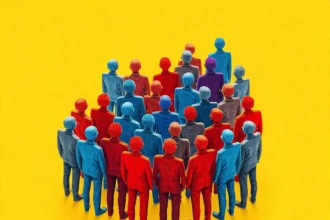 A conceptual illustration of a diverse group of people, colored in red, blue, and purple, standing together against a vibrant yellow background.