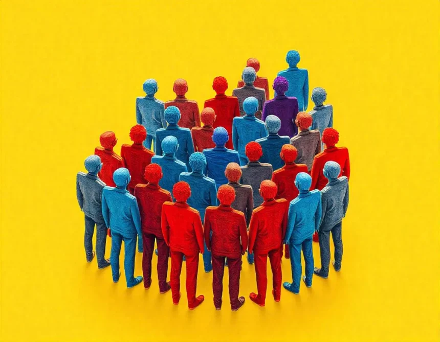 A conceptual illustration of a diverse group of people, colored in red, blue, and purple, standing together against a vibrant yellow background.