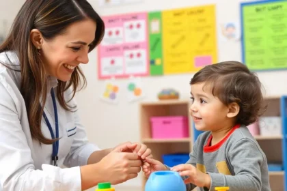 Child with autism engaged in a behavioral therapy session focused on autism treatment with a smiling therapist using colorful blocks