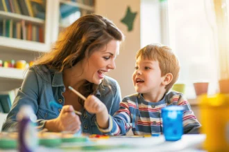 A joyful mother painting with her young autistic son at a table, sharing a creative and bonding moment. The mother smiles warmly as her son, who is on the autism spectrum, looks at her with excitement, surrounded by colorful art supplies.