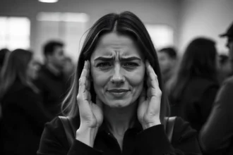 A woman covers her ears with both hands, visibly distressed by the noise or sensory overload in her environment.