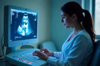 Pregnant woman practicing a healthy lifestyle by eating fresh fruits and vegetables, taking prenatal vitamins, and doing yoga to minimize autism risk during pregnancy.