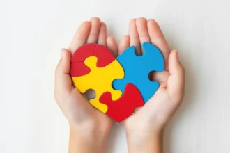 Hands holding a heart-shaped puzzle in primary colors symbolizing autism awareness."