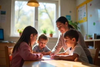 A classroom designed with autism-friendly features, including a quiet corner, natural lighting, and assistive technology tools.