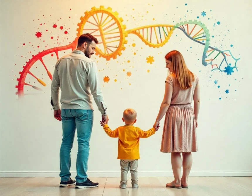 A family of three holding hands, standing in front of a colorful representation of DNA, symbolizing the genetic contributions of both parents in autism inheritance.