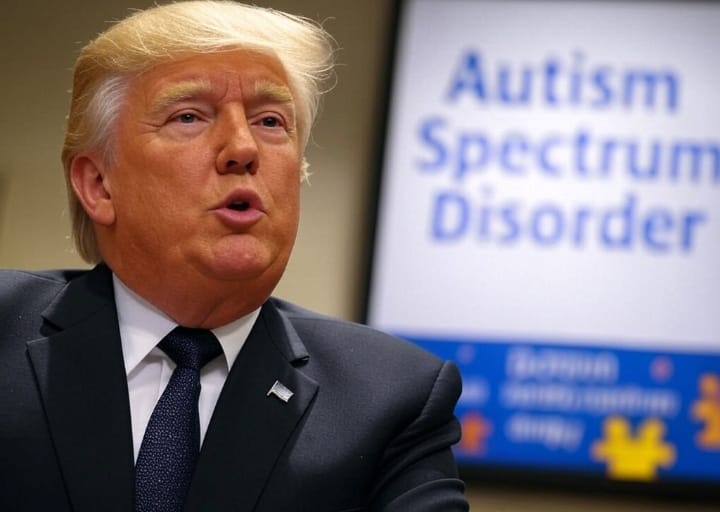 Donald Trump speaking in front of a sign that reads "Autism Spectrum Disorder" with puzzle piece graphics in the background.