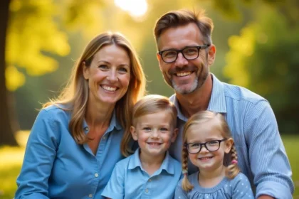 A cheerful family sitting outdoors in a sunny park. The father and mother smile warmly while sitting behind their two children, a boy and a girl. The boy has short hair and wears a blue polo shirt, while the girl with pigtails wears glasses and a polka-dot dress. The scene is bright and serene, with greenery in the background.