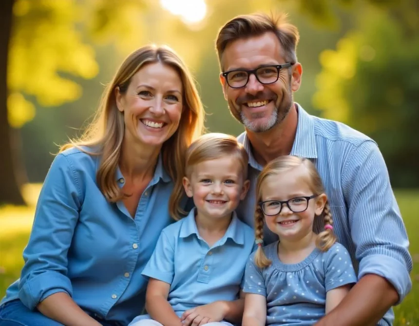 A cheerful family sitting outdoors in a sunny park. The father and mother smile warmly while sitting behind their two children, a boy and a girl. The boy has short hair and wears a blue polo shirt, while the girl with pigtails wears glasses and a polka-dot dress. The scene is bright and serene, with greenery in the background.