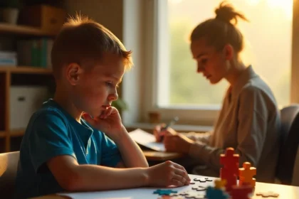 Focused boy solving puzzles at a desk, with a woman writing in the background during a learning or therapy session.