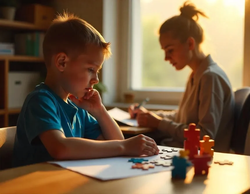 Focused boy solving puzzles at a desk, with a woman writing in the background during a learning or therapy session.