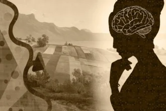 Silhouette of a person in deep thought with an illustrated brain overlay, symbolizing cognitive processes. Abstract elements and a scenic background create a conceptual representation of neurodevelopment and mental pathways.