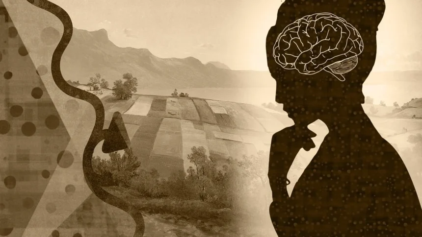 Silhouette of a person in deep thought with an illustrated brain overlay, symbolizing cognitive processes. Abstract elements and a scenic background create a conceptual representation of neurodevelopment and mental pathways.